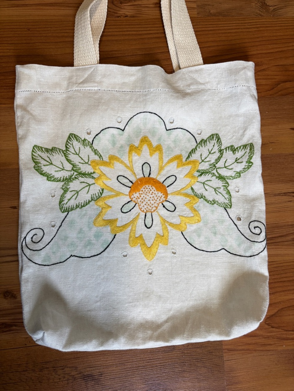 Linen Embroidered Floral Tote Bag in Cream and Yellow - Picture 8 of 10